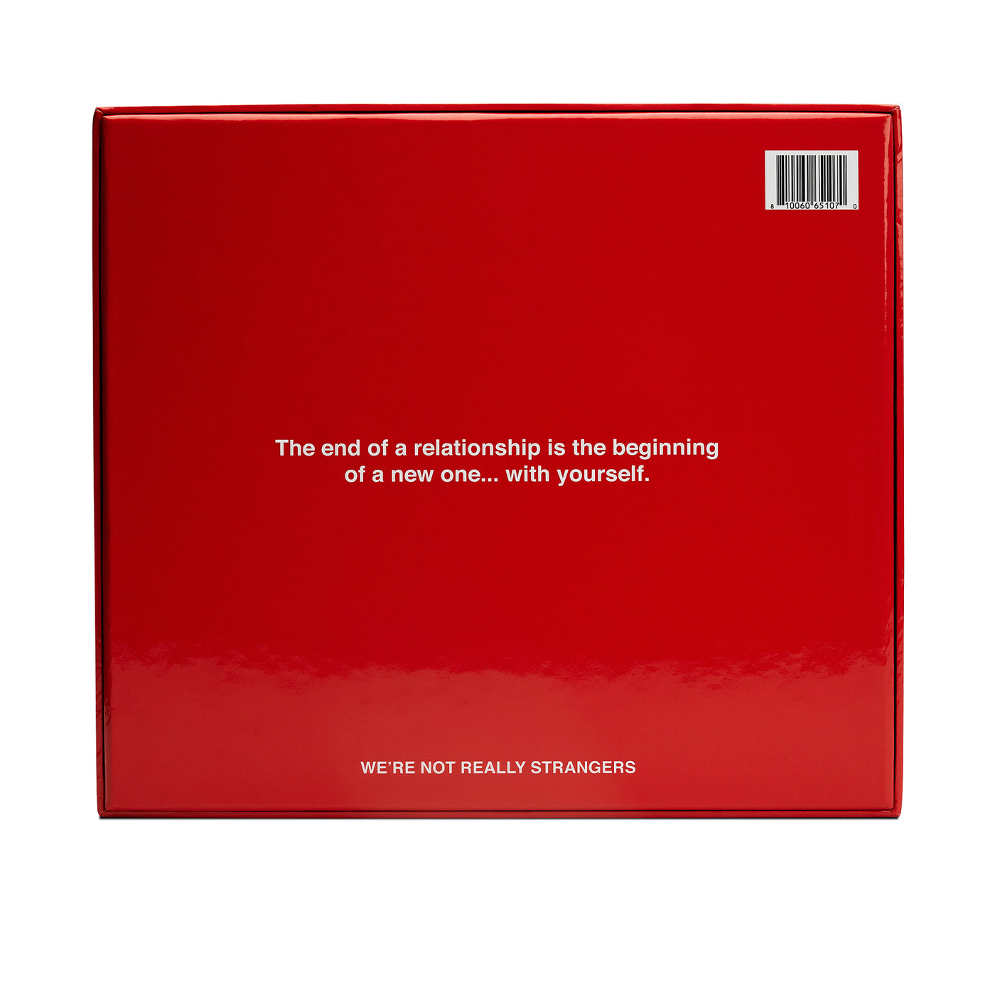 We're Not Really Strangers Breakup Kit. Back view of box reading "the end of a relationship is the beginning of a new one... with yourself."