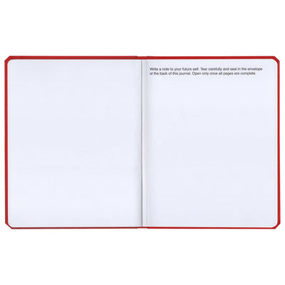 We're Not Really Strangers Journal. Front facing view of inside of journal blank page showing the prompt "Write a note to your future self. Tear carefully and seal in the envelope at the back of this journal. Open only once all pages are complete.